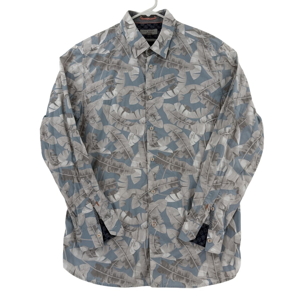 Ted Baker Shirt Mens 5 Gray Tropical Leaf Long Sleeve Button Up Casual Large